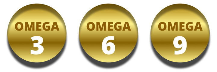 Omega 3 6 9 gold supplement badge icons set isolated on transparent background. Omega fatty acids, fish oil nutrients illustration.