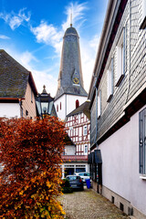 Cityscape of Bad Laasphe with a view of the church and traditional half-timbered houses, Siegen Wittgenstein, Germany