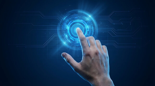 Person pressing a circular digital touch screen interface with glowing blue light and circuit lines representing biometric security access or advanced futuristic computer system user control - Powered by Adobe