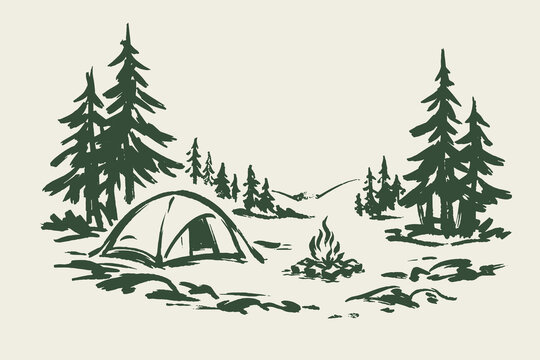 Camping tent and campfire pine forest ink sketch vector illustration