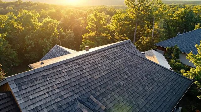 Aerial view of a home with a dark grey shingled roof surrounded by lush trees.