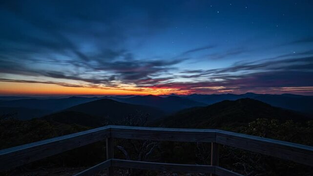 Time-lapse of vibrant sunset over mountain range with clouds changing color and finally revealing a starry night