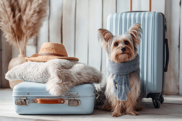 Small breed dog standing near a suitcase, travel with pets concept, bright interior