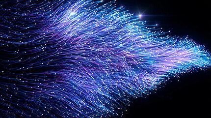 Abstract digital background with glowing flowing fiber optic lines and colorful light particles representing high speed data transfer and futuristic technology in blue and purple