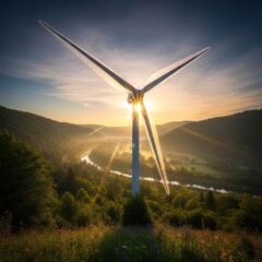 Wind turbine generating clean energy at sunset in a serene landscape