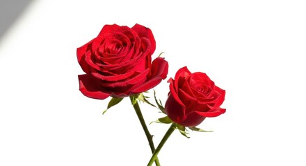 Two stunning red roses on white background for love and romance
