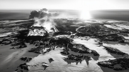 Black-and-white satellite image of a newborn island glowing with geothermal energy in glacial waters.