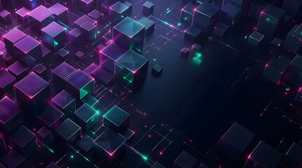 Abstract 3d digital landscape with glowing purple and cyan cubes representing blockchain technology and big data processing in a futuristic virtual environment for crypto mining