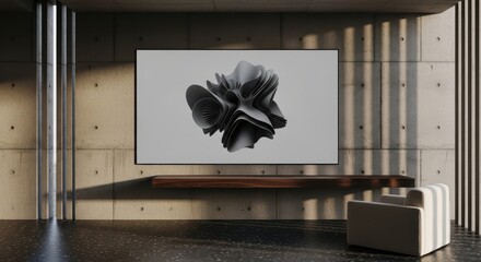 Modern living room with large screen TV displaying abstract art