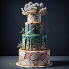 Stunning multi-tiered cake with colorful fondant and gold accents