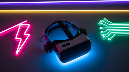 Virtual Reality Headset with Neon Glow – Immersive Digital Experience and Futuristic Gaming