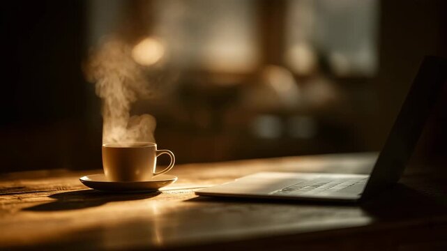 Hot coffee cup on table with steam in cozy indoor morning atmosphere
