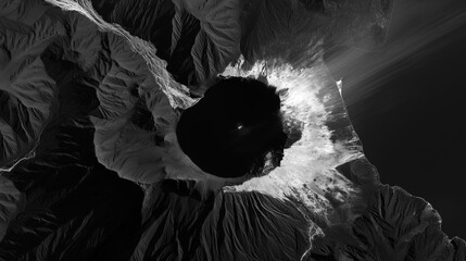 Black-and-white satellite image of a newborn island glowing with geothermal energy in glacial waters.