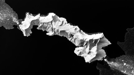Black-and-white satellite image of a newborn island glowing with geothermal energy in glacial waters.