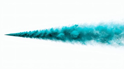 Vibrant teal smoke trail isolated on white background with wispy texture