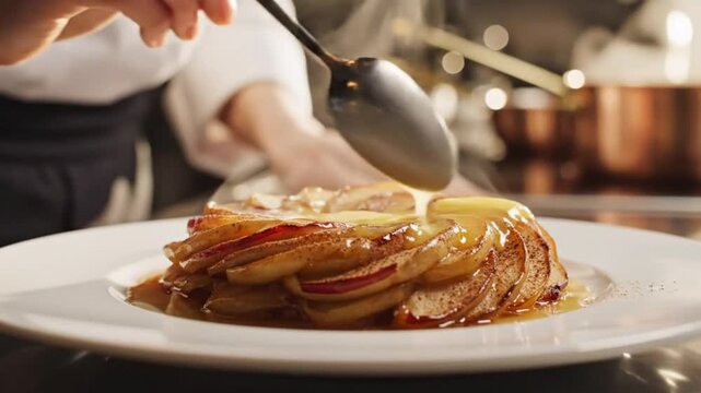 Chef pouring a rich sauce over a beautiful apple tart dessert in a professional kitchen setting