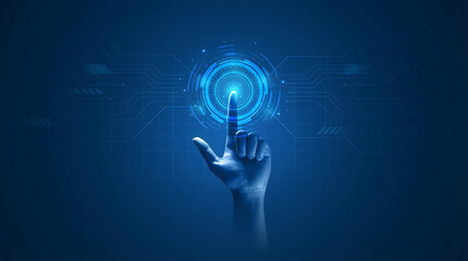 Human finger touching a glowing blue circular digital interface representing futuristic biotechnology and advanced computer systems for secure online access in a modern corporate setting
