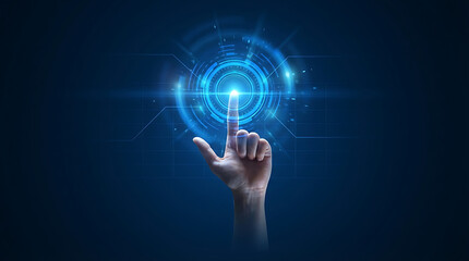 A hand touching a blue glowing digital circular interface representing futuristic technology innovation and secure biometric access for modern business connectivity in the virtual world