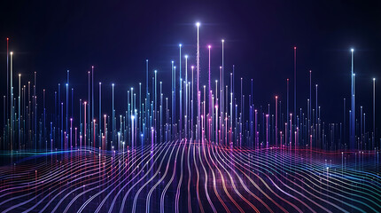 Abstract data visualization with glowing vertical light lines and a wavy floor representing big data processing and digital communication networks for modern technology backgrounds today