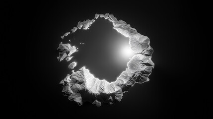 Black-and-white satellite image of a newborn island glowing with geothermal energy in glacial waters.