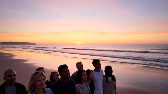 Diverse group of people watching the sunrise together on a beautiful sandy beach, embracing a new day and togetherness