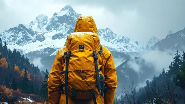 A hiker in yellow gear surveys a majestic, snowy mountain range in a misty landscape