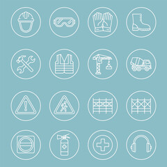 Fototapeta premium Flat icons for construction, building, and work safety focus on simplicity, elegance, and ease of recognition.