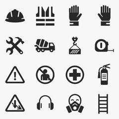 Fototapeta premium Flat icons for construction, building, and work safety focus on simplicity, elegance, and ease of recognition.
