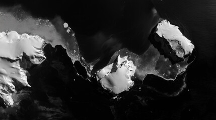 Black-and-white satellite image of a newborn island glowing with geothermal energy in glacial waters.