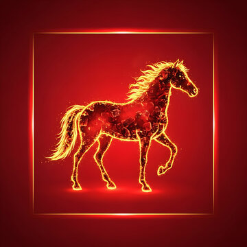 A majestic horse silhouette filled with glowing embers and fire, outlined in golden light on a vibrant red background. High quality digital art representing power, energy, and elegance.