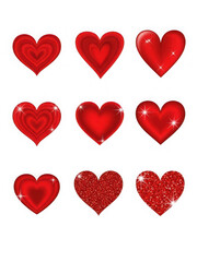 Collection of red hearts with various designs isolated on transparent background