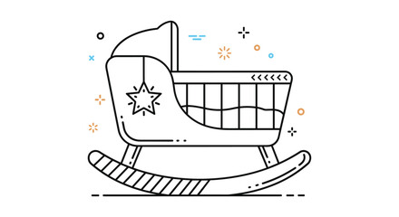 Modern minimalist line art of a rocking baby cradle with a star hanging from its hood and geometric decorative elements.