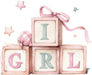 Pink baby girl block nursery decor pastel toy baby shower cute ribbon baby announcement newborn gift girl text watercolor illustration soft color nursery decor with pink baby girl block and pastel