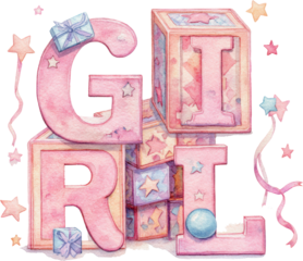 Pink baby girl letter art, pastel watercolor girl text, baby girl decoration block, cute nursery design, star pattern cube, soft pink ribbon bow banner