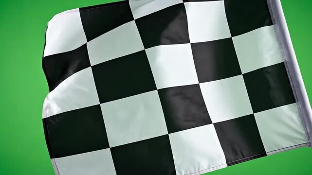 Waving checkered flag with black and white squares against a green backdrop.