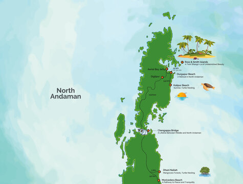 North Andaman Island Illustration Map, Andaman and Nicobar Islands, India