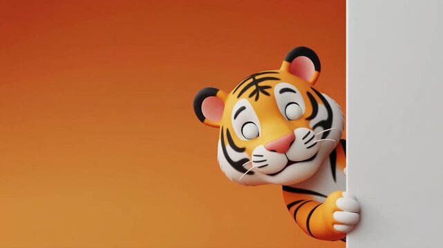 3D tiger character on right side, fierce stripes, clean background, copy space, blank board.