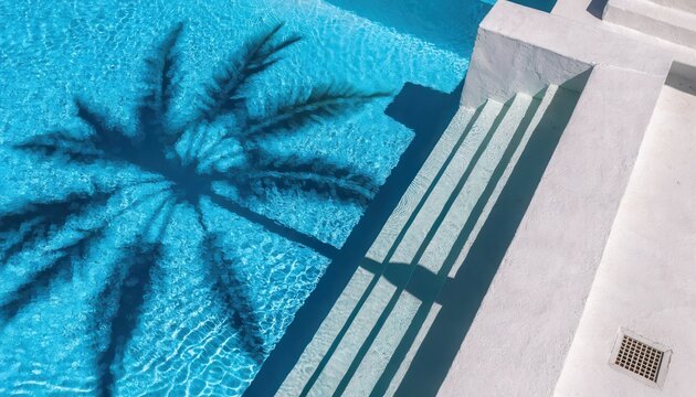 A clean abstract pattern of blue and white tiles textures a luxury resort swimming pool on Santorini Island overlooking the Greek sea during a summer vacation