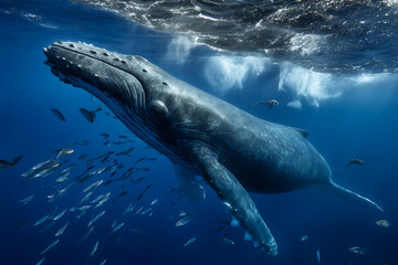 Majestic humpback whale swimming with school of fish underwater
