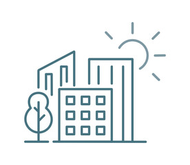Residential buildings, sun and tree. Smart city, comfortable residence with sustainable living. Pixel perfect vector icon.