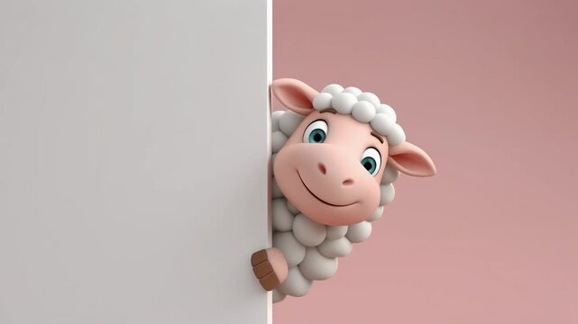 3D sheep character peeking on right side, wooly texture, clean background, copy space, blank board.