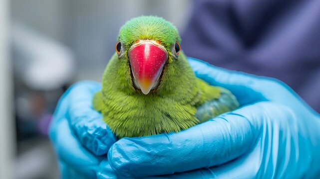 A dedicated veterinarian closely examines an Alexandrine parakeet in a clinic, ensuring the bird's well-being and health. Gentle care is shown in this nurturing environment