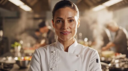 Confident female chef in restaurant kitchen with team, showcasing culinary excellence, crossed arms, smiling at camera