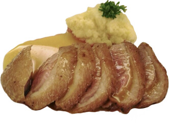 Isolated Smoked duck breast with sauce and smashed potato