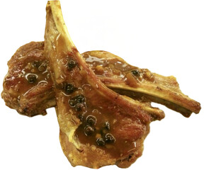 smoked meat on a white, Isolated Lamb steak, bone