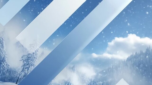 Geometric blue triangles and lines over snowy mountain landscape, evoking winter adventure and modern abstract overlay