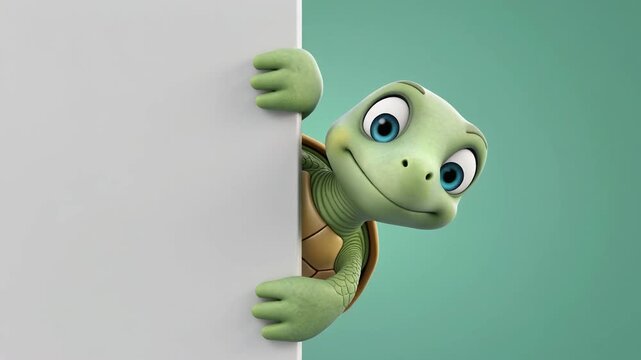3D turtle character appearing from the right side of a blank board, shell pattern detail, clean minimal background, copy space, isolated.