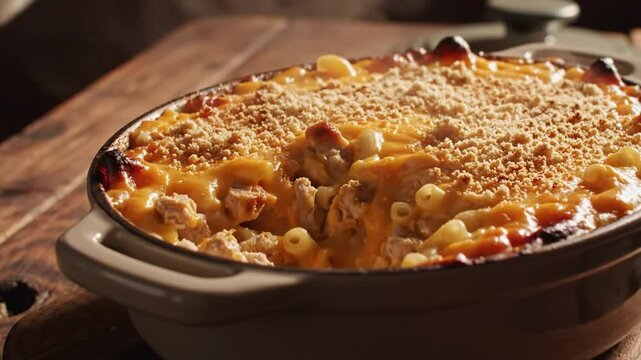 Savory baked macaroni and cheese dish with a crunchy breadcrumb topping served in an oval casserole dish