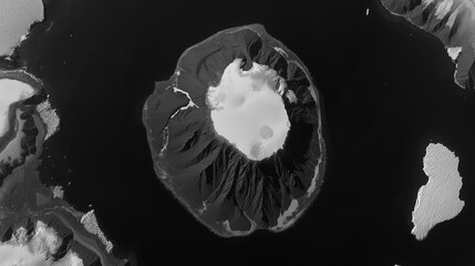 Black-and-white satellite image of a newborn island glowing with geothermal energy in glacial waters.