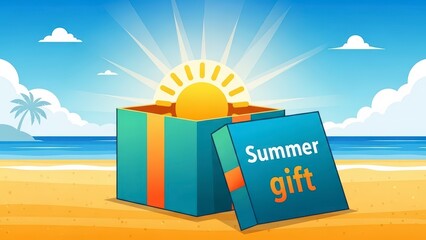 Summer Gift Box on a Tropical Beach with Sunburst.